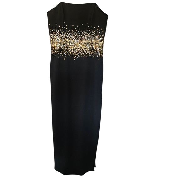 Women's Halston Sofi Gown Columm Crape Strapless Black Dress Gold Sequins 12 - Picture 4 of 15